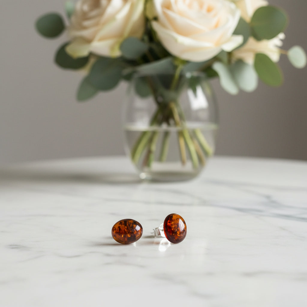 Silver Amber Stud Earrings โ Round Baltic Amber