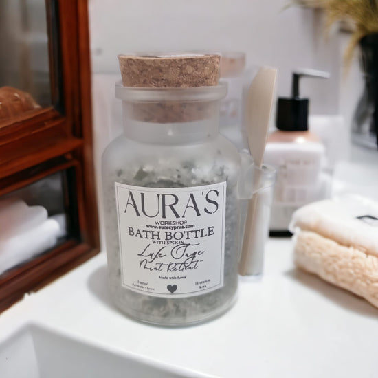 Luxe Sage Mint Retreat Bath Salts Bottle & Wooden Spoon 100 grams - Auras Workshop  -  Bath Soak -   - Cyprus & Greece Auras Workshop