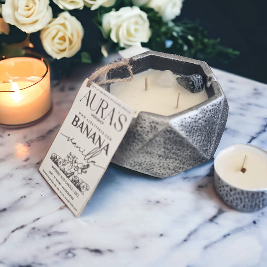 Banana Vanilla Scented Candle in Silver Ceramic Symmetrical Decor with Snowflake Obsidian & Ice Quartz Crystals - Auras Workshop  -  Candles -   - Cyprus & Greece