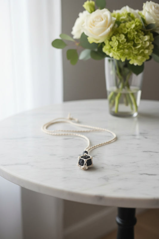 Raw Black Obsidian Crystal Macramé Necklace – Protection & Grounding Crystal Jewellery