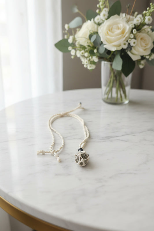 Raw Pyrite Crystal Macramé Necklace – Abundance, Confidence & Prosperity Crystal Jewellery