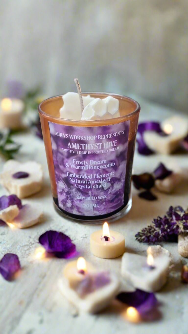 💜 Amethyst Hive Candle – Frosty Dream & Warm Honeycomb with Embedded Amethyst Crystal | 200ml Rapeseed Wax Candle by Aura’s Workshop - Auras Workshop Auras Workshop