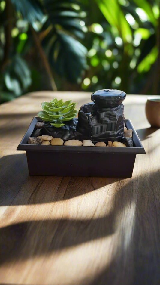 Arti Fountain with Plant & LED Light – Battery Operated Desktop Water Feature - Auras Workshop Auras Workshop