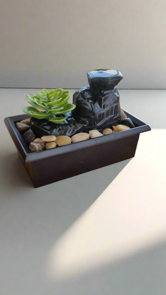 Arti Fountain with Plant & LED Light – Battery Operated Desktop Water Feature - Auras Workshop Auras Workshop