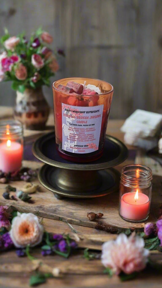 🧩 Bleeding Broken Jigsaw Candle – Red Grape, Vanilla, Orange & Cinnamon, Coffee Blend | Halloween Collection by Aura’s Workshop - Auras Workshop Auras Workshop