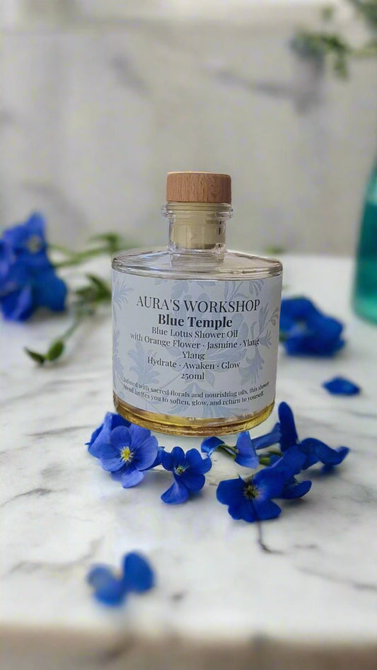 💙 Blue Temple Shower Oil – 250ml | Blue Lotus, Jasmine & Orange Flower - Auras Workshop Auras Workshop