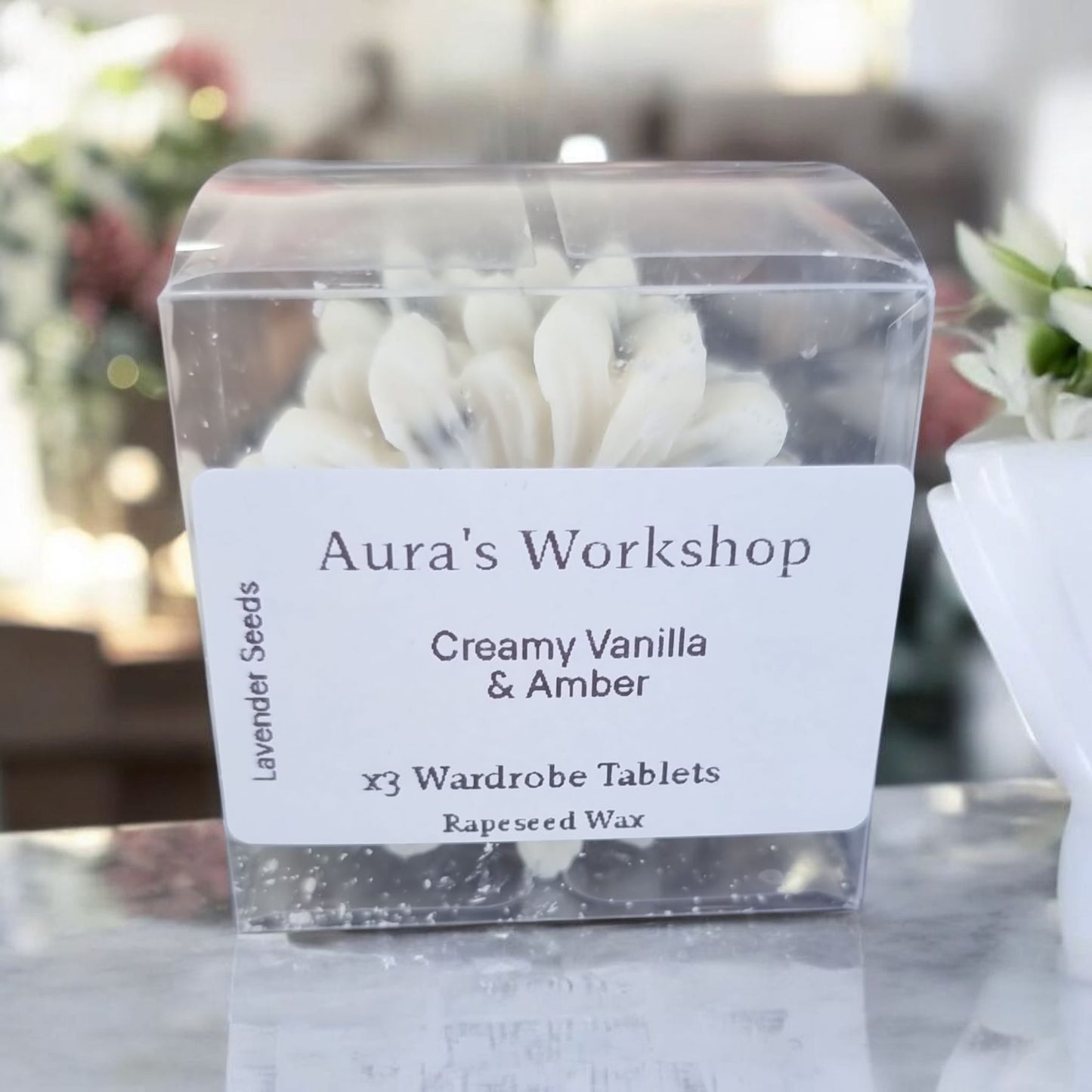 🌼 Creamy Vanilla & Amber Wardrobe Tablets x3 – Rapeseed Wax with Lavender Seeds | Home Edition - Auras Workshop Auras Workshop