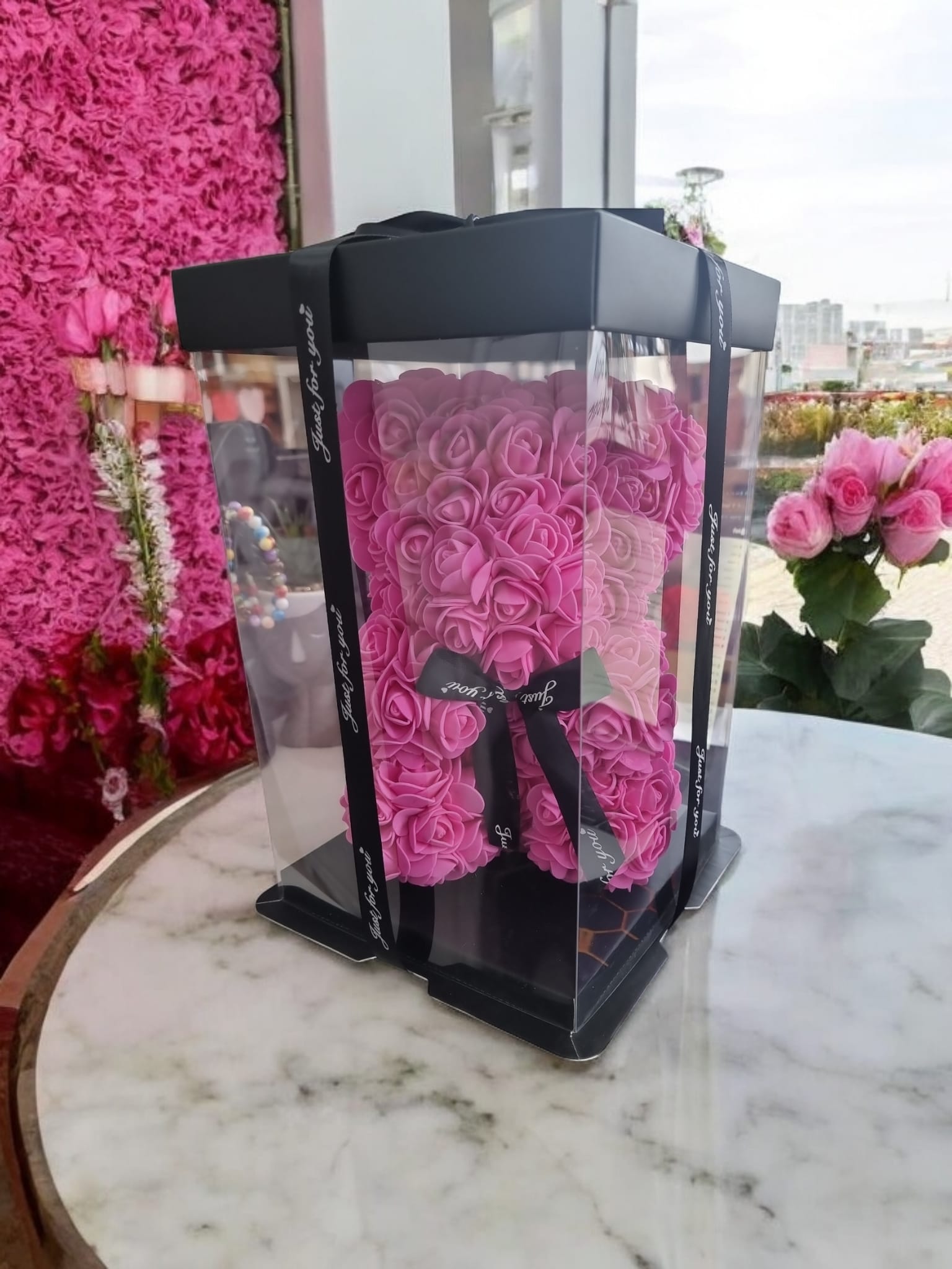 Eternal Love Dark Pink Rose Bear in Box – 25cm Romantic