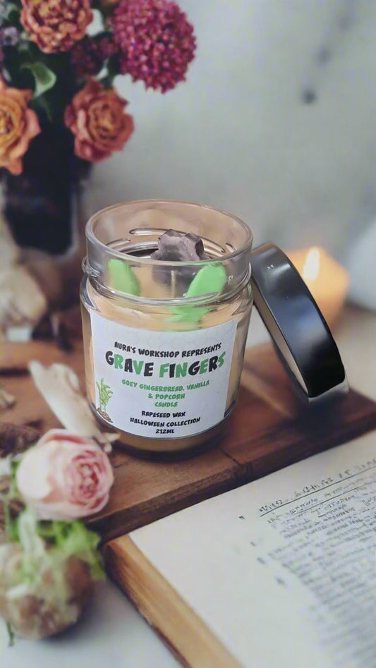 💀 Grave Fingers Candle – Gooey Gingerbread, Vanilla & Popcorn Scent | Halloween Collection by Aura’s Workshop - Auras Workshop Auras Workshop