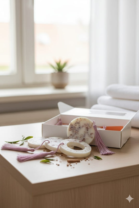 🍵 Green Tea & Sandalwood Wardrobe Tablets x4 with Tassels – Rapeseed Wax & Lemon - Infused Himalayan Salt - Auras Workshop Auras Workshop