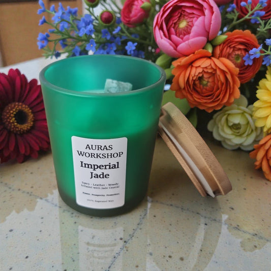 💚✨ Imperial Jade Candle | Aura’s Workshop | Spicy Leather & Woody Notes | Jade Crystal Infused | 100% Rapeseed Wax - Auras Workshop Auras Workshop