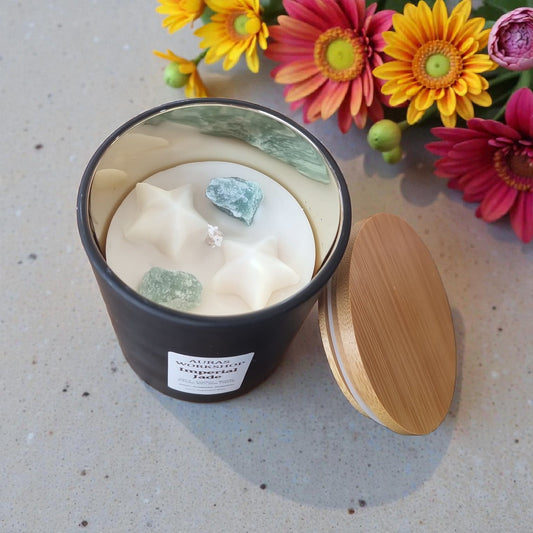 💚✨ Imperial Jade Candle | Aura’s Workshop | Spicy Leather & Woody Notes | Jade Crystal Infused | 100% Rapeseed Wax - Auras Workshop Auras Workshop