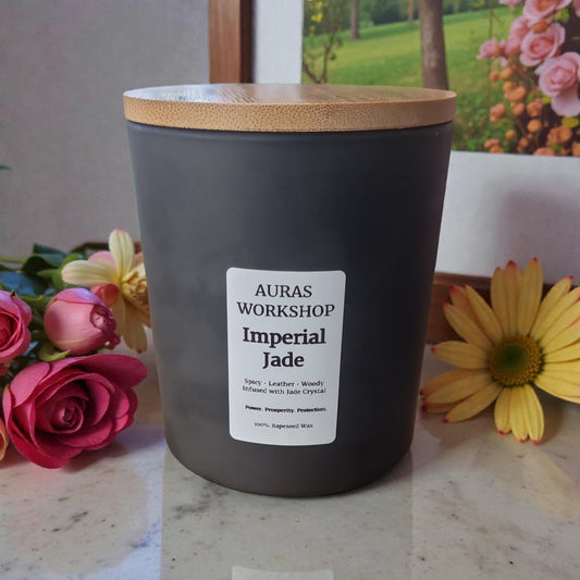 💚✨ Imperial Jade Candle | Aura’s Workshop | Spicy Leather & Woody Notes | Jade Crystal Infused | 100% Rapeseed Wax - Auras Workshop Auras Workshop