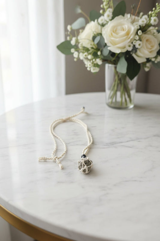 Raw Pyrite Crystal Macramé Necklace – Abundance, Confidence & Prosperity Crystal Jewellery - Auras Workshop Auras Workshop