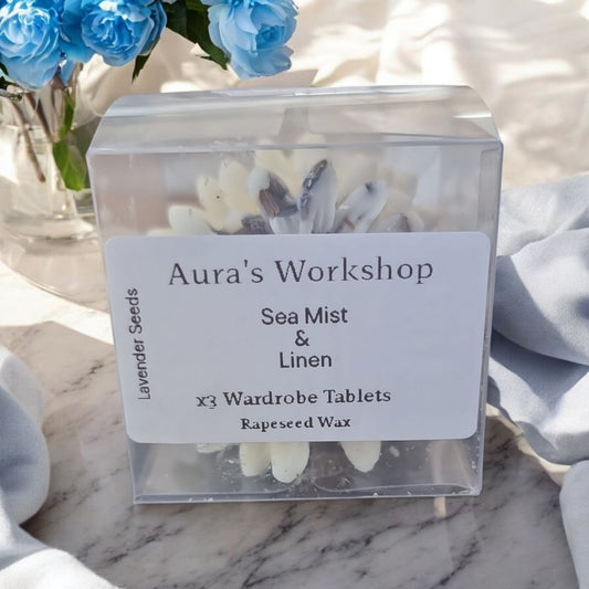 🌊 Sea Mist & Linen Wardrobe Tablets x3 – Rapeseed Wax with Lavender Seeds | Home Edition - Auras Workshop Auras Workshop