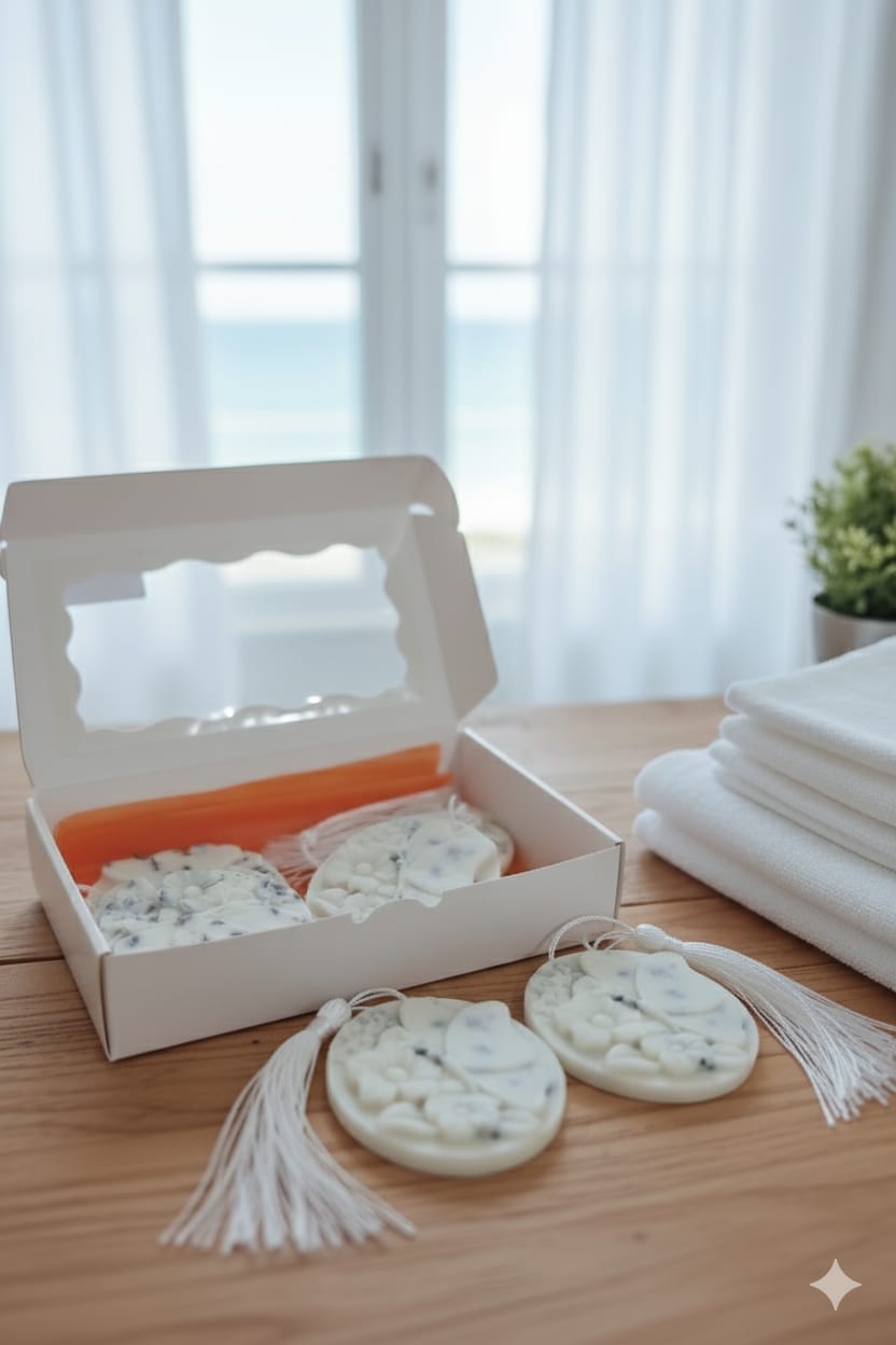 🌊 Sea Mist & Linen Wardrobe Tablets x4 with Tassels – Rapeseed Wax & Lavender Seeds - Auras Workshop Auras Workshop