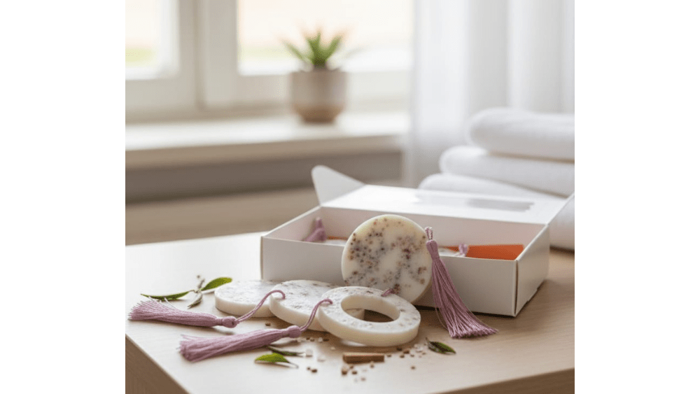 🌊 Sea Mist & Linen Wardrobe Tablets x4 with Tassels – Rapeseed Wax with Lavender Seeds & Amethyst Crystal - Auras Workshop Auras Workshop