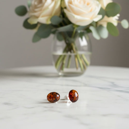Silver Amber Stud Earrings – Round Baltic Amber - Auras Workshop Auras Workshop