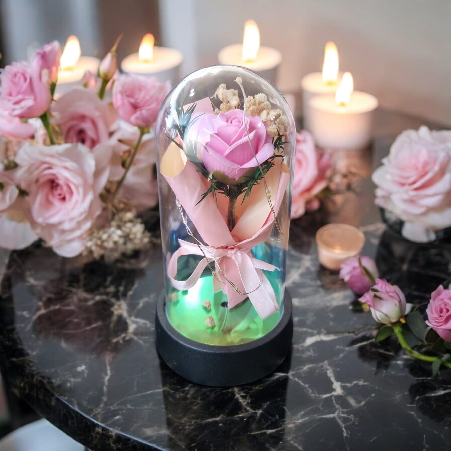 šøāØ Single Pink Rose Bouquet Glow Glass Dome Light ā Small | LED Floral Display | A Perfect Valentineās Gift - Auras Workshop Auras Workshop