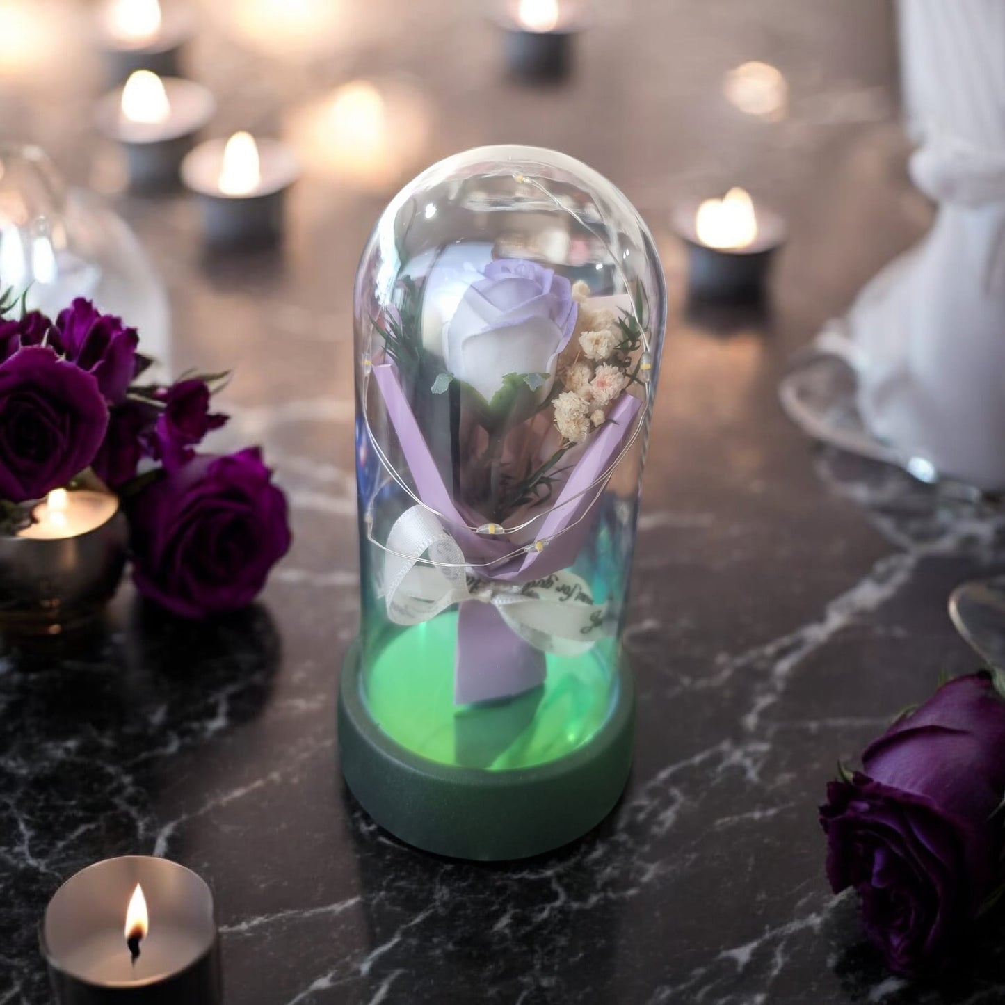 šāØ Single Purple Rose Bouquet Glow Glass Dome Light ā Small | LED Floral Display | A Perfect Valentineās Gift - Auras Workshop Auras Workshop