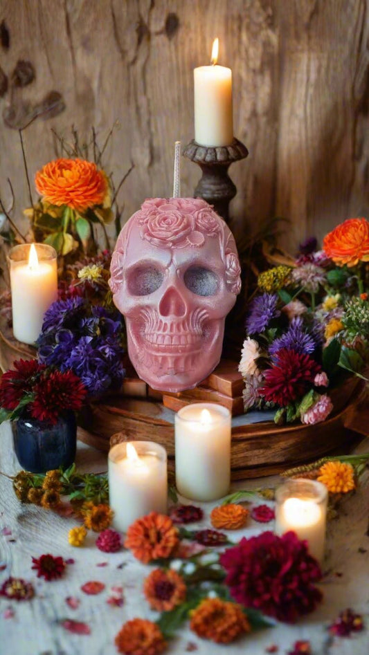 💀 Skull with Flowers Halloween Candle – Harvest Apple Scent | Pink Wax Décor by Aura’s Workshop - Auras Workshop Auras Workshop
