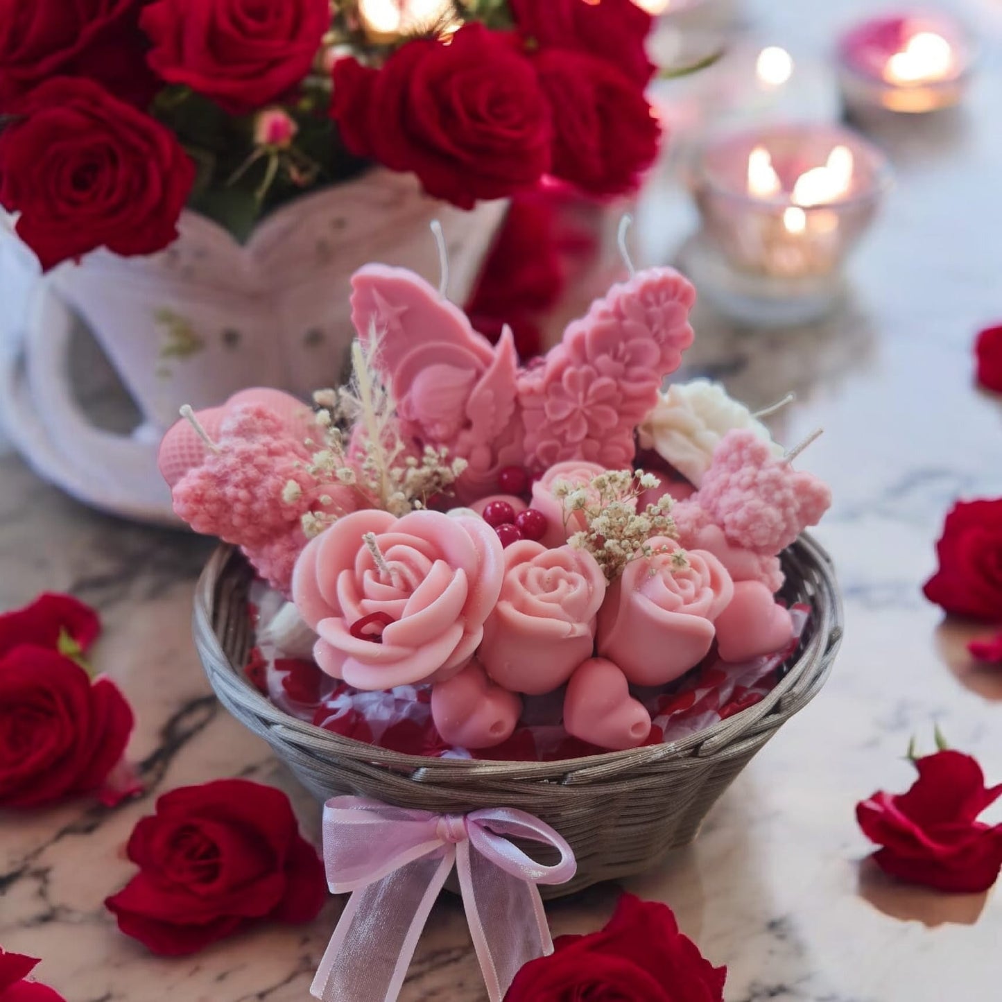 💕🍬 Sugar Rush Valentine’s Candle Basket | Aura’s Workshop | Vanilla Sweetness & Blooming Roses - Auras Workshop Auras Workshop