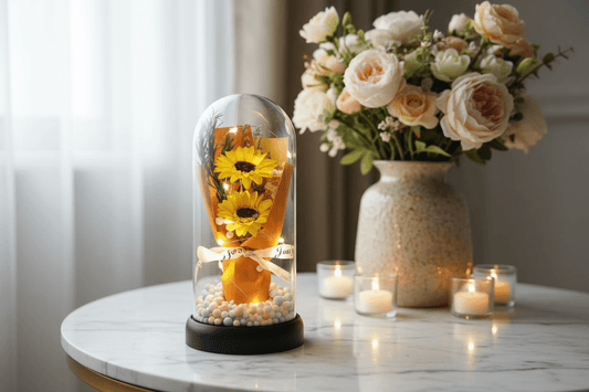 🌻✨ Sunflower Glow Glass Dome Light Large | LED Floral Display | Gift of Warmth & Joy 3xAAA Batteries not included - A Perfect Valentines Gift - Auras Workshop Auras Workshop
