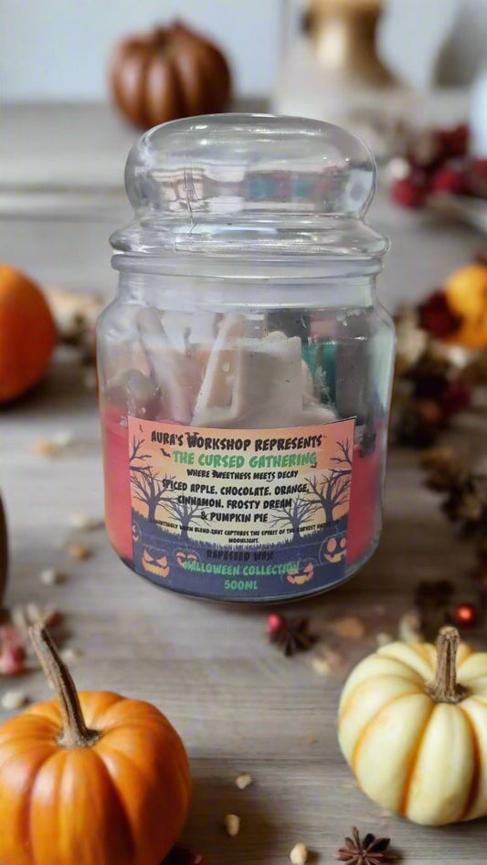 💀 The Cursed Gatherings Candle – Spiced Apple, Chocolate, Orange, Cinnamon, Frosty Dream & Pumpkin Pie | Halloween Collection by Aura’s Workshop - Auras Workshop Auras Workshop