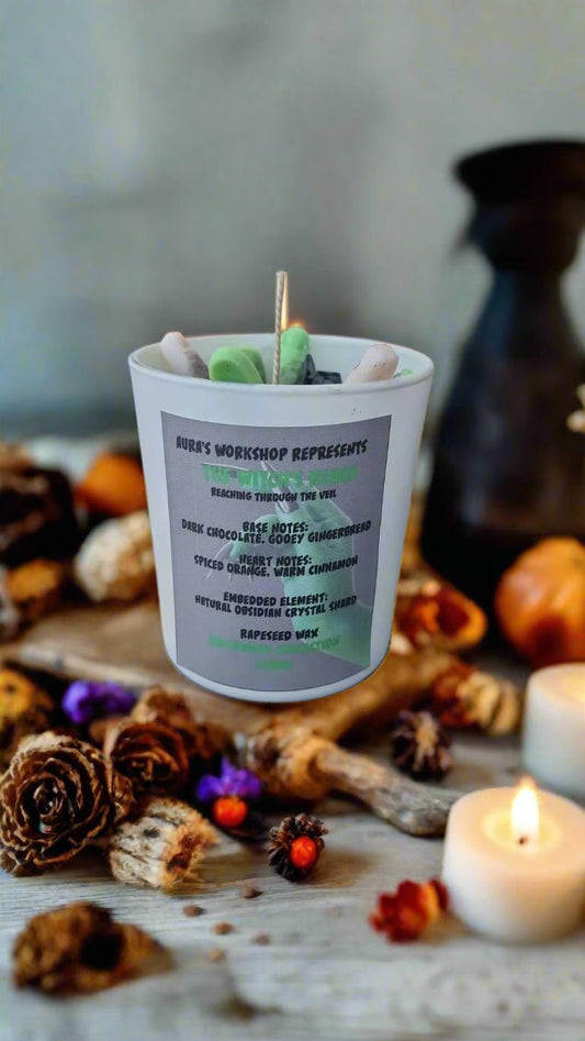 🕯️ The Witch’s Reach Candle – Dark Chocolate, Gingerbread, Spiced Orange & Cinnamon with Embedded Obsidian Crystal | Halloween Collection by Aura’s Workshop - Auras Workshop Auras Workshop