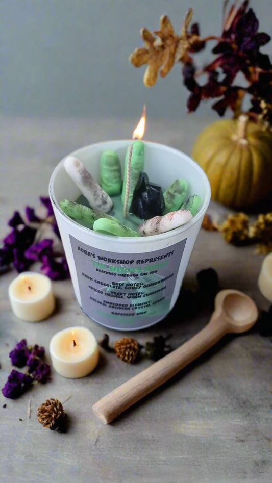 🕯️ The Witch’s Reach Candle – Dark Chocolate, Gingerbread, Spiced Orange & Cinnamon with Embedded Obsidian Crystal | Halloween Collection by Aura’s Workshop - Auras Workshop Auras Workshop