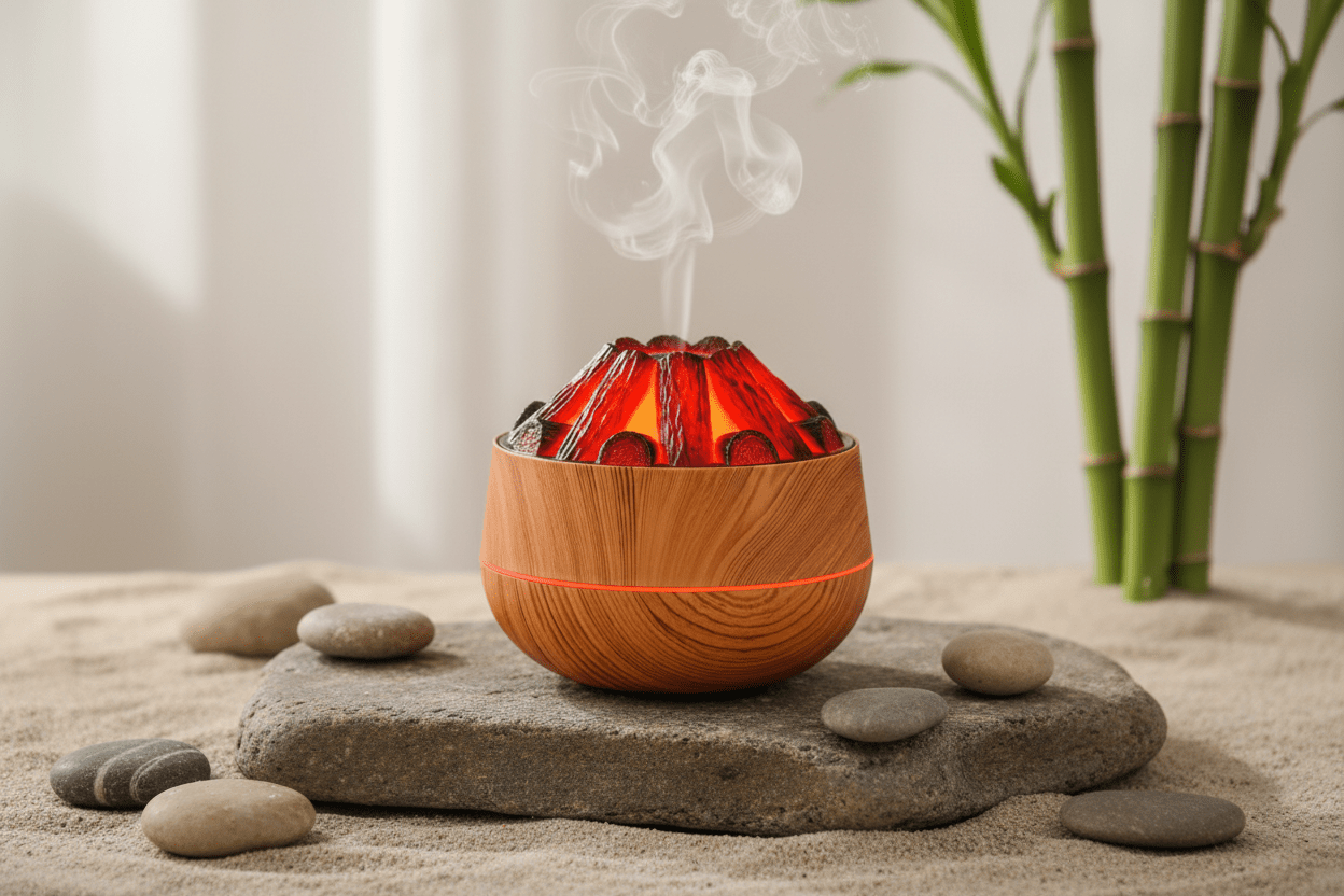 🌋🔥 Volcano Style Aroma Diffuser & Humidifier | Flame Wood Grain Design | 300ml | Silent Desk Diffuser - Auras Workshop Auras Workshop