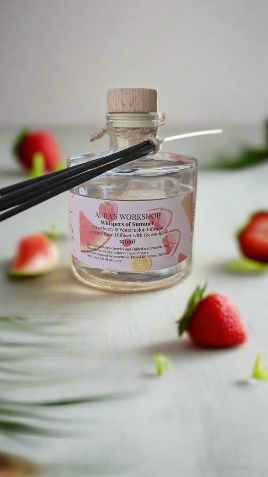 🍓🍉 Whispers of Summer – Strawberry & Watermelon Infusion Luxury Reed Diffuser with Gypsophilia (250ml) - Auras Workshop Auras Workshop