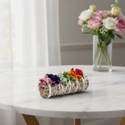 White Sage with Chakra Verbasco Flowers Smudge – Cleansing 10cm Smudge Stick - Auras Workshop Auras Workshop