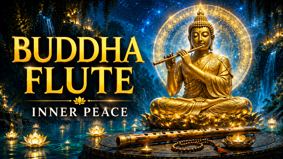 Golden Buddha playing a flute beside a lake with the words “Buddha Flute Inner Peace”