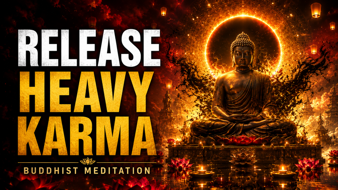 Buddha meditating amid glowing lanterns with the words “Release Heavy Karma Buddhist Meditation”