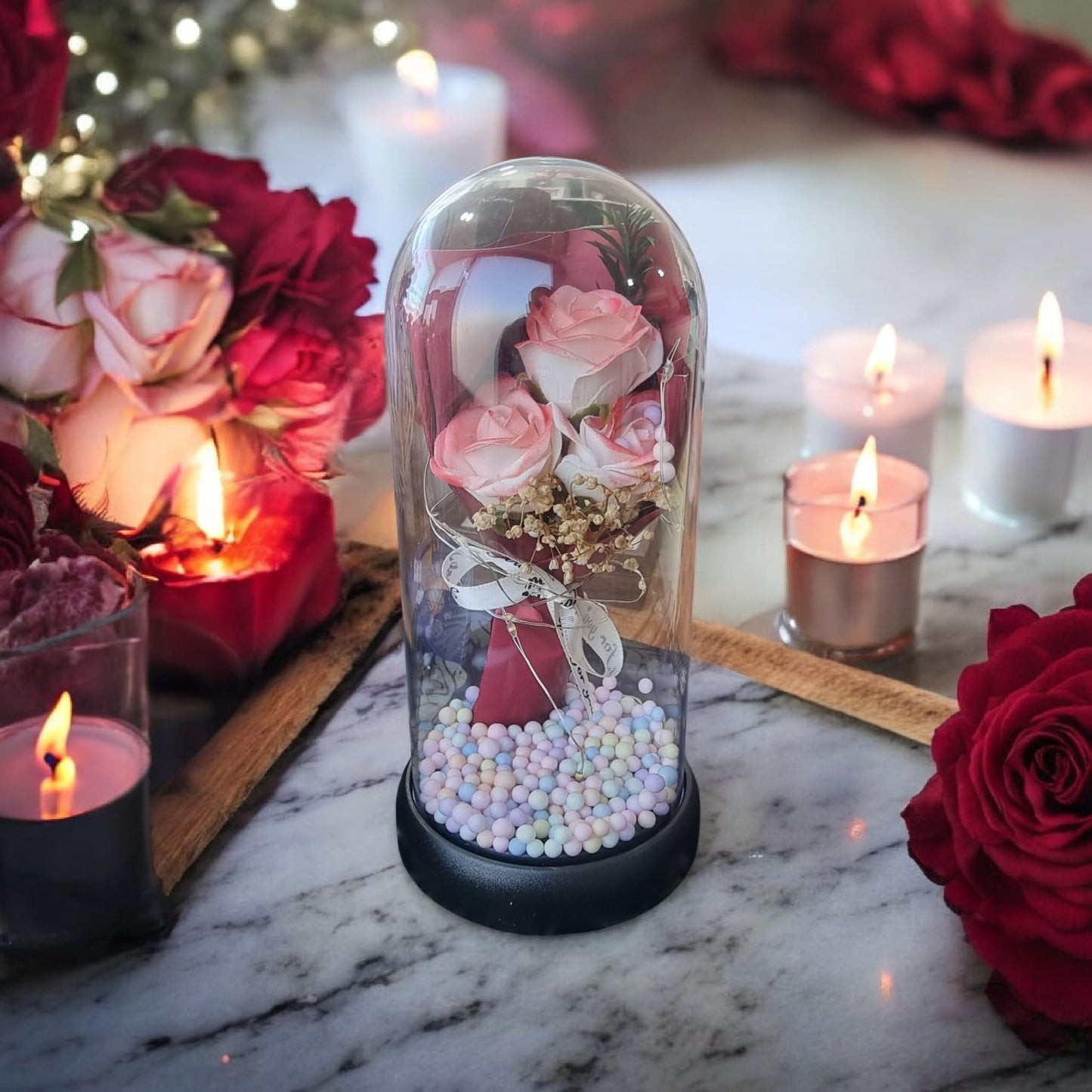 🌸✨ 3 Light Pink Roses Bouquet Glow Glass Dome Light – Large | LED Floral Display | A Perfect Valentine’s Gift - Auras Workshop Auras Workshop