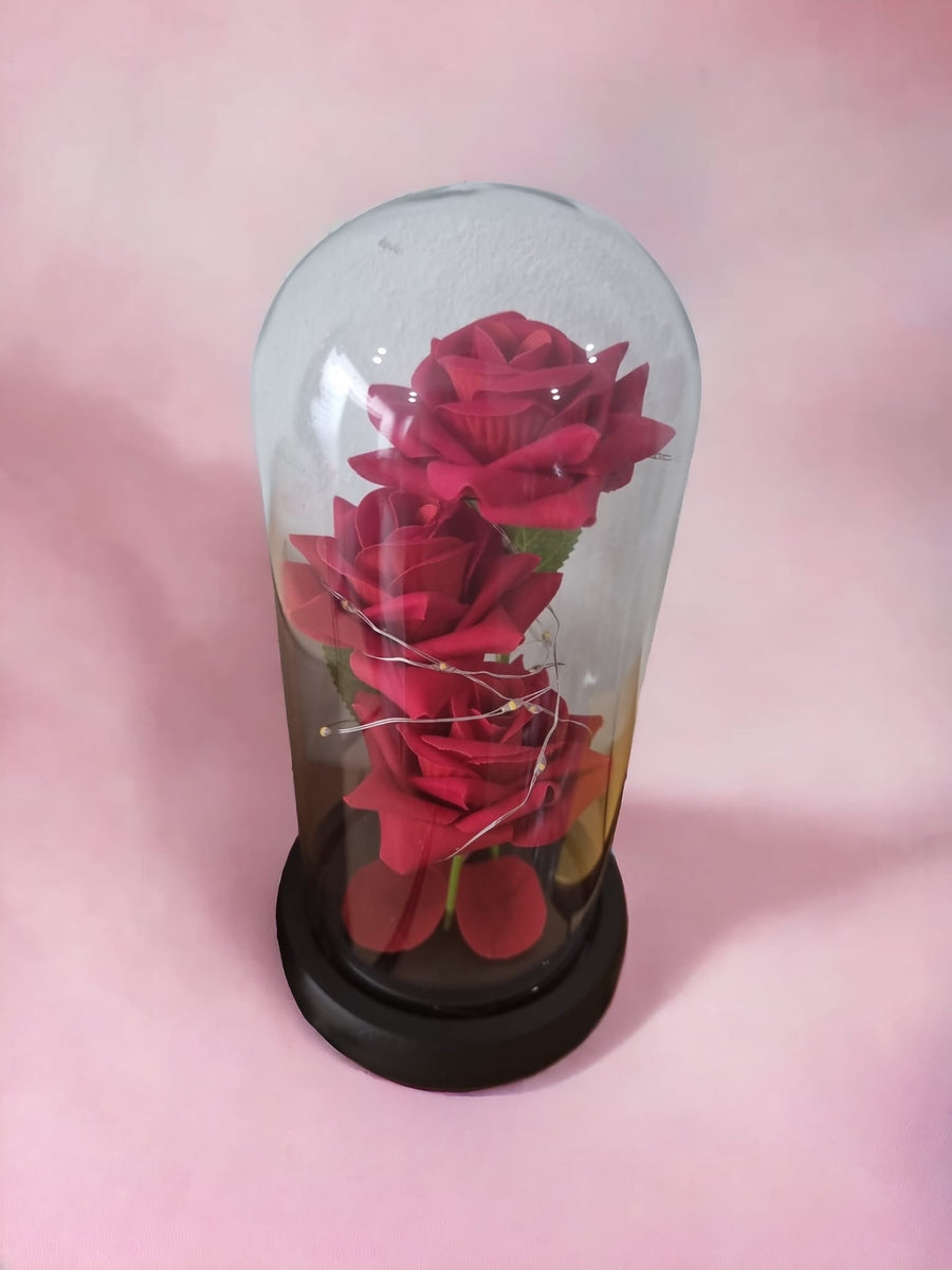 3 rote Rosen in einem Glas-Acryl-Zylinder mit Lichtern – ein perfektes Geschenk zum Valentinstag 