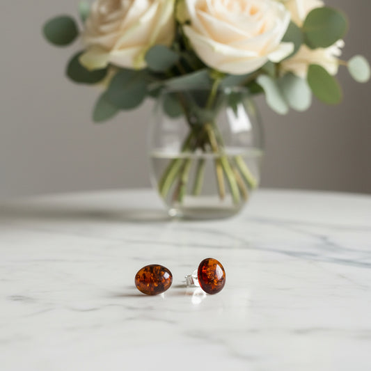 Silver Amber Stud Earrings – Round Baltic Amber