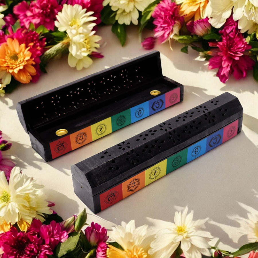 7 Chakra Colour Incense & Cone Wood Box - Black with Chakra Symbols