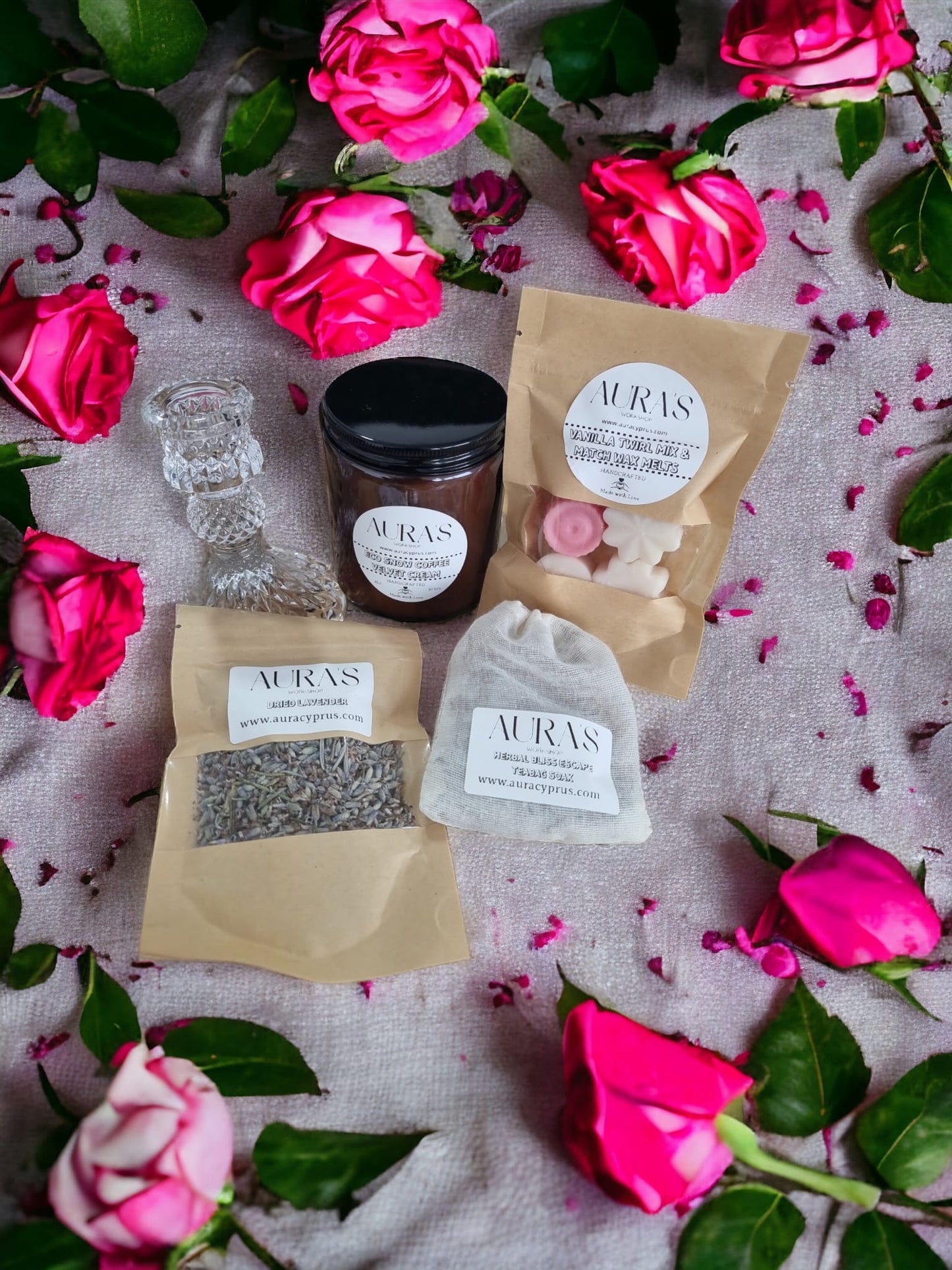 Valentine's Gift Set: Candle Jar, Wax Melts, Lavender Bliss, Bath Tea Bag & Candle Pillar Holder - Auras Workshop  -  Gifts -   - Cyprus & Greece - Wholesale - Retail #