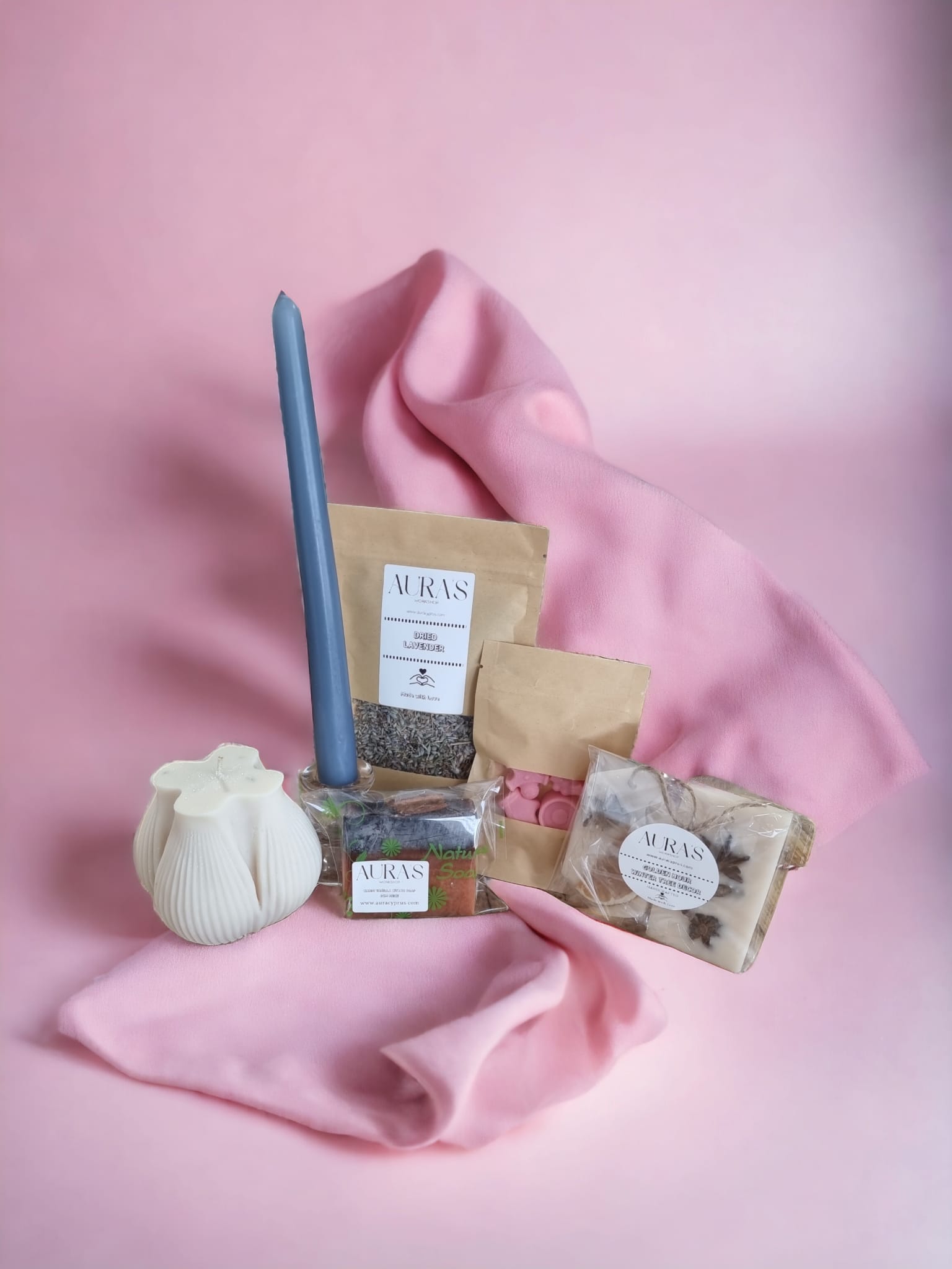 Gift Set: Candle, Wax Melts, Soap, Dried Lavender, Candle Pillar Holder & Pillar Candle - Auras Workshop  -  Gifts -   - Cyprus & Greece
