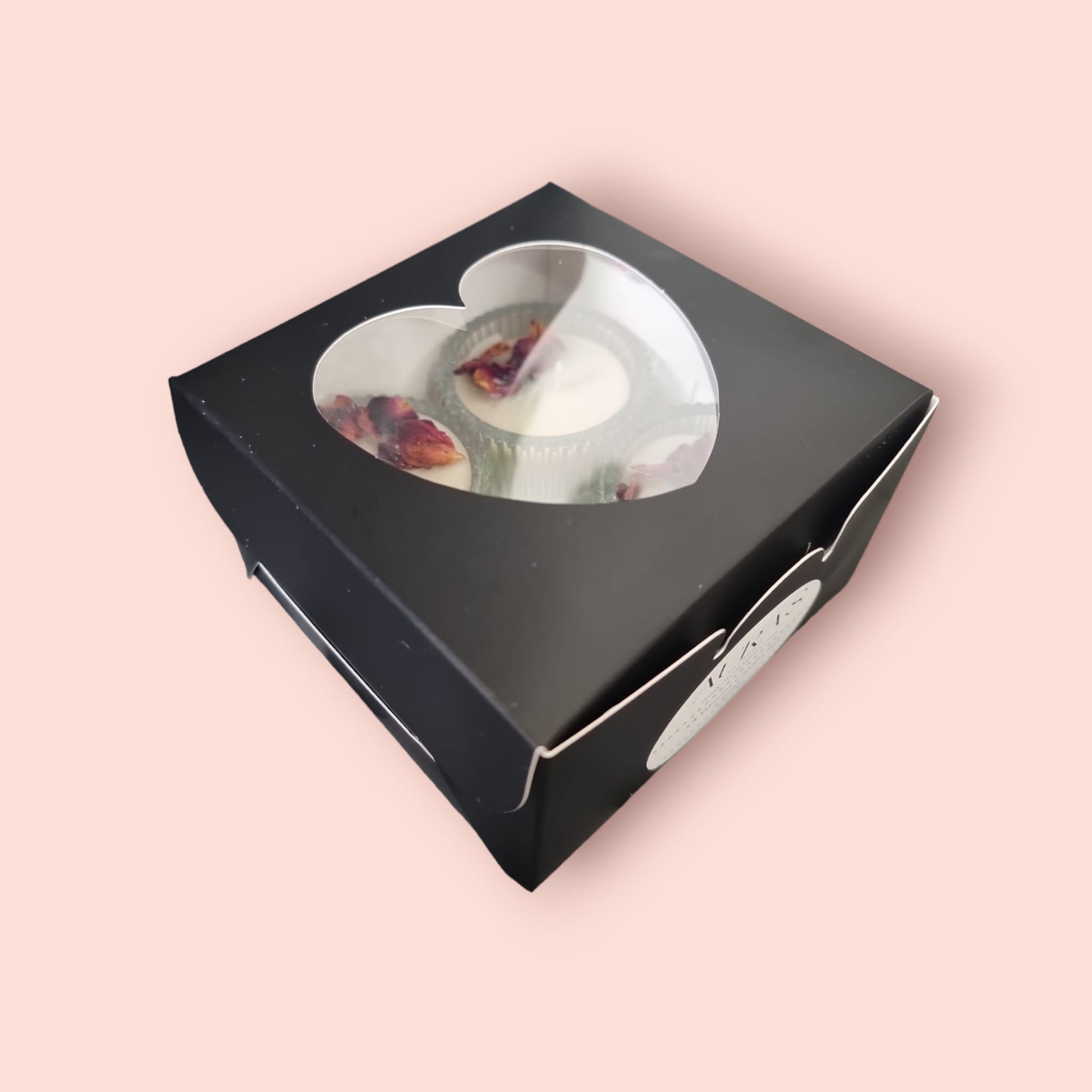 Valentine's Gift Set - Heart-Shaped Tealights in Vanilla Cream Scent with Rose Petals, Presented in a Black Box - Auras Workshop  -   -   - Cyprus & Greece - Wholesale - Retail #