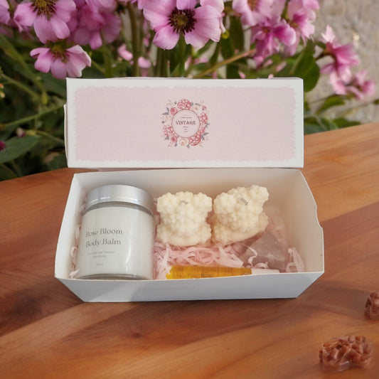 Teachers Gift Set: Rose Balm, Cuticle Oil, Rose Quartz Crystal, x2 Teddy Candles Patchouli & Black Pepper Scent