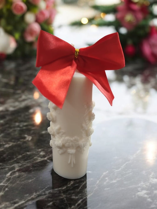 Nut Free Marzipan Scented Rose Wreath Pillar Candle With Ribbon