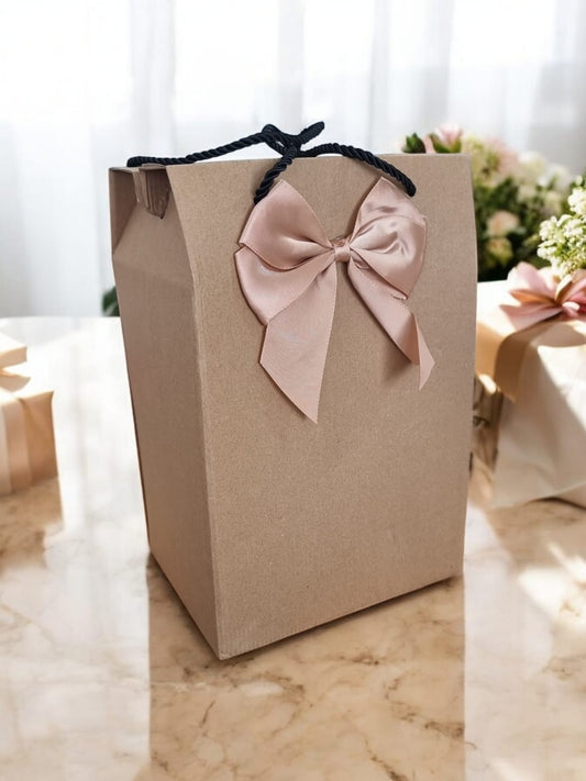 Eco-Friendly Kraft Paper Gift Box Bag with Bow and Handle (185x145x275 mm)