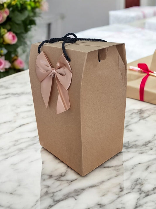 Eco-Friendly Kraft Paper Gift Box Bag with Bow and Handle (185x145x275 mm)