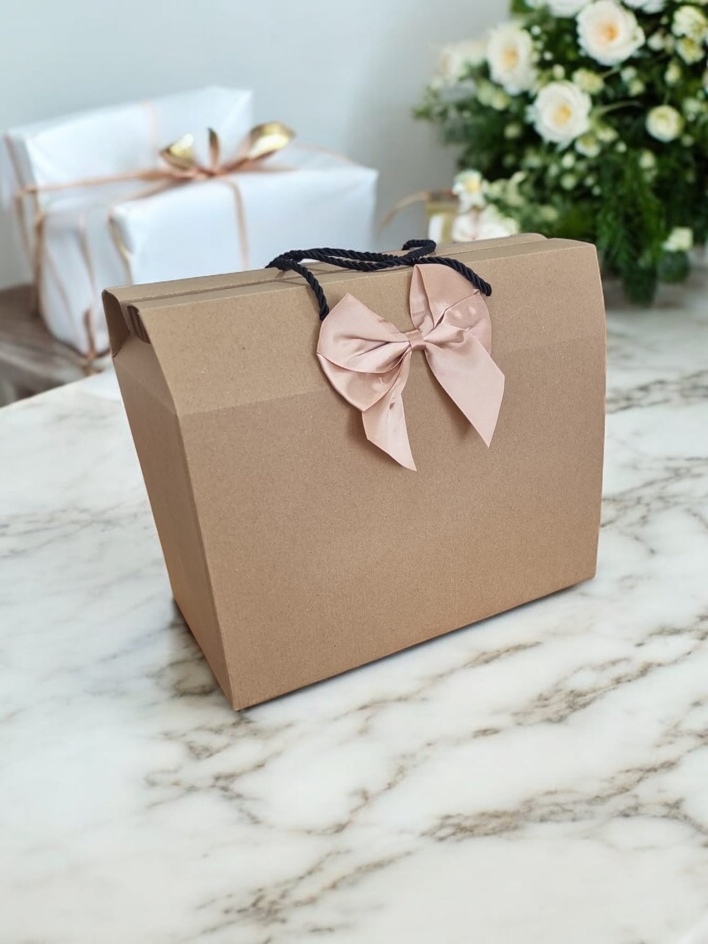 Eco-Friendly Kraft Paper Gift Box-Bag with Bow and Handle (315x165x240 mm)