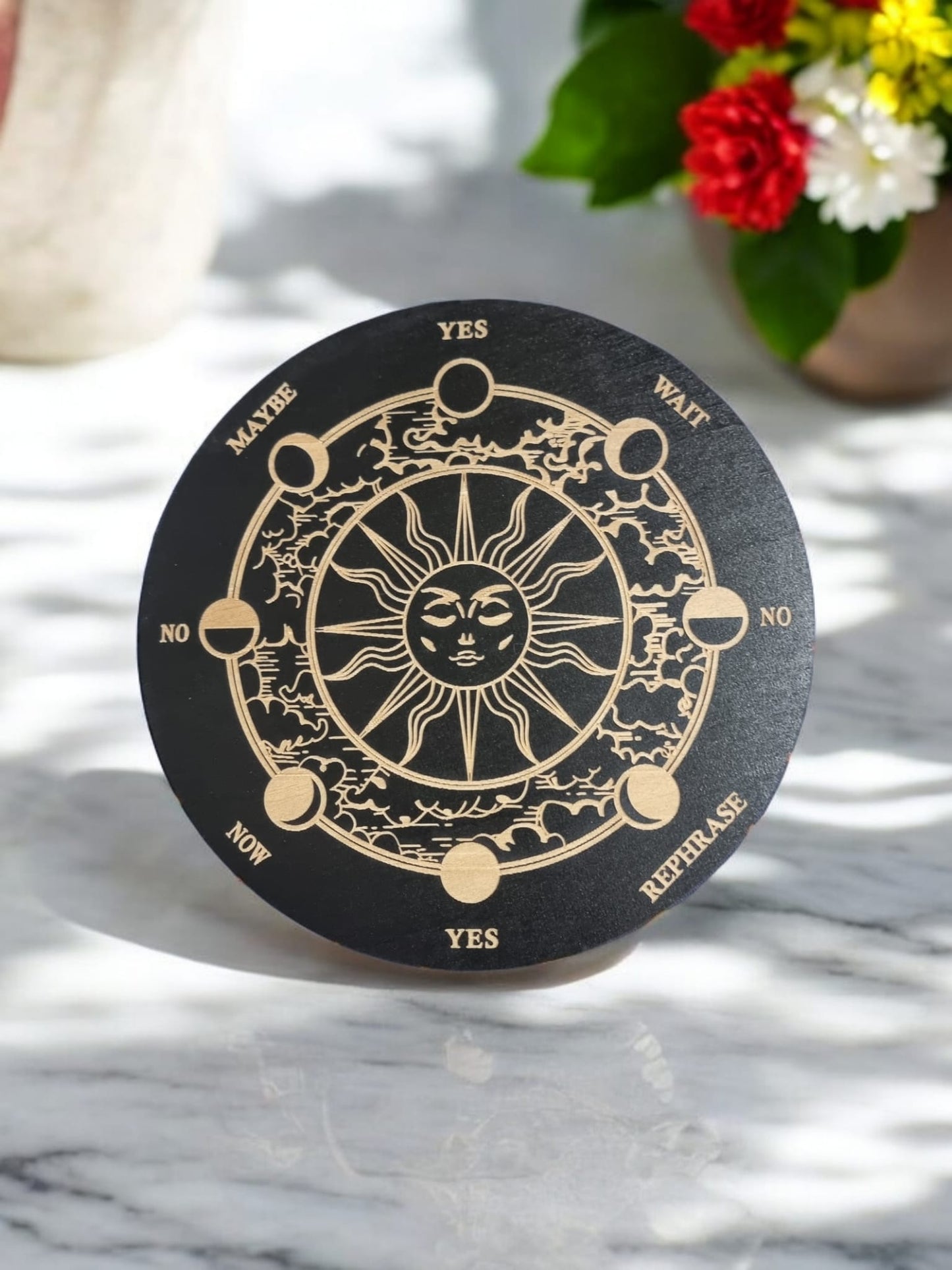 Mystic Sun Pendulum Board – Wooden Divination & Spirit Guidance Tool