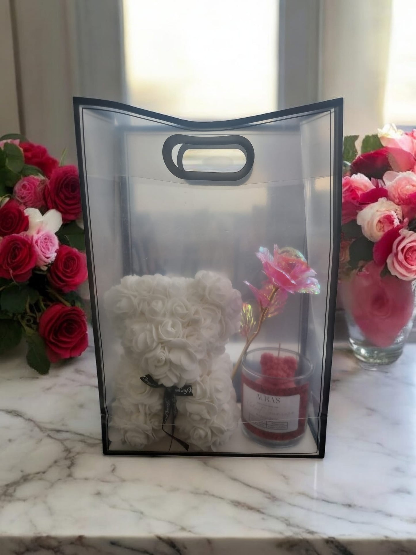 Valentine’s Gift Set – Red Rose Bear, Candle & Pink Shiny Rose ❤️🌹✨