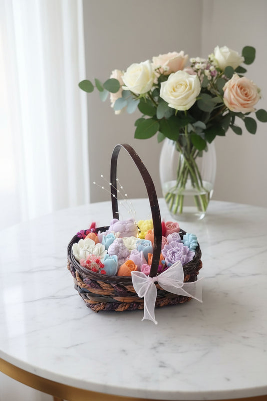 Rainbow Candle Bouquet Basket – Colourful Scented Flower Candle Gift Set